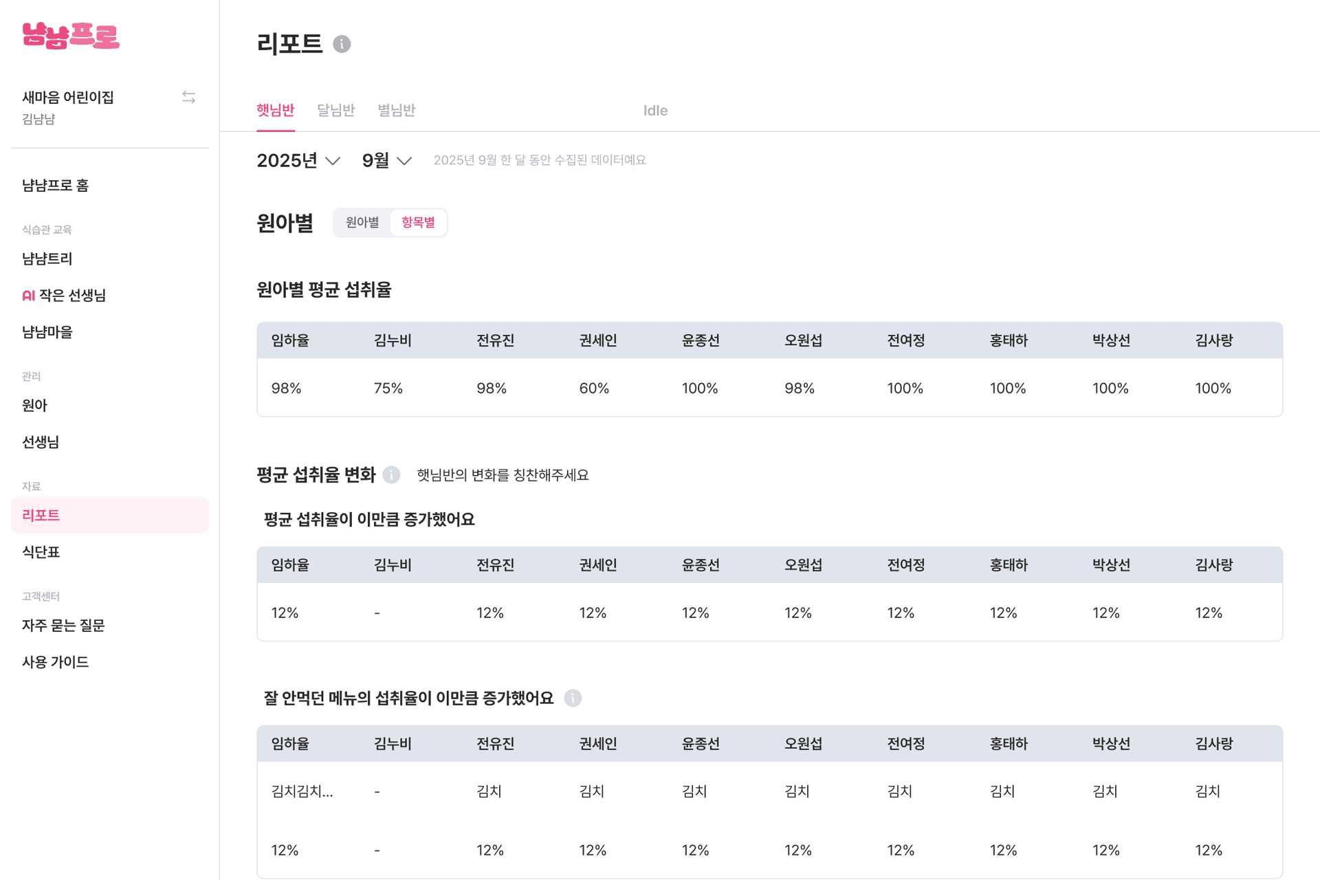 냠냠키즈 식단표 화면