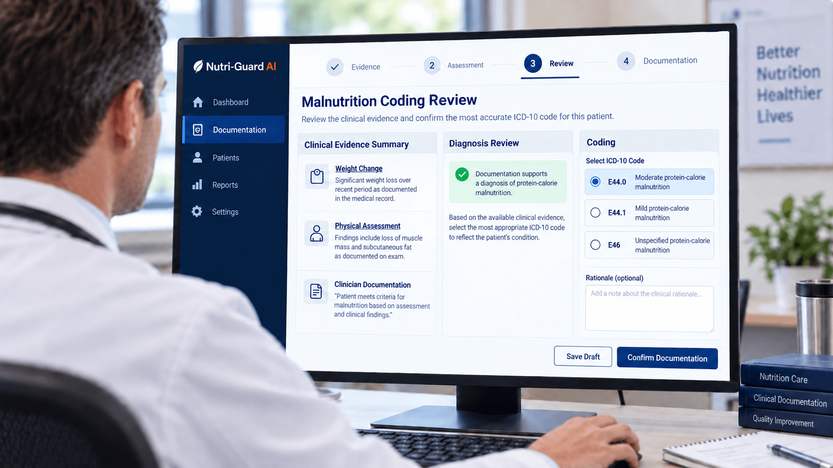 Physician reviewing malnutrition documentation and ICD-10 coding options without patient intake data